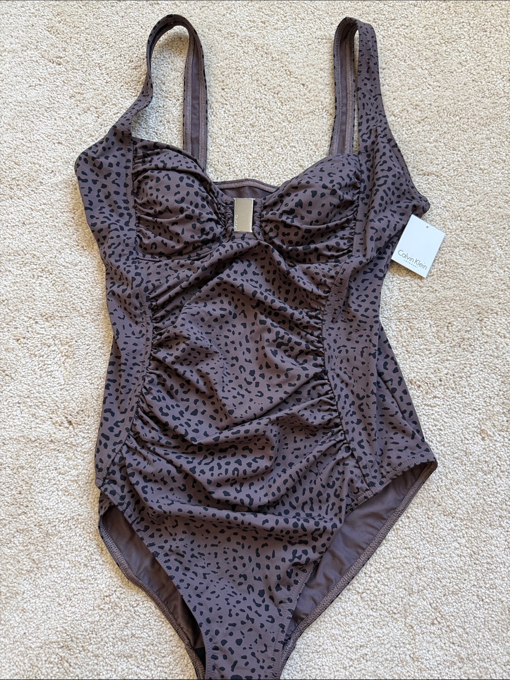 Calvin Klein Brown Leopard-Print Ruched One-Piece Swimsuit